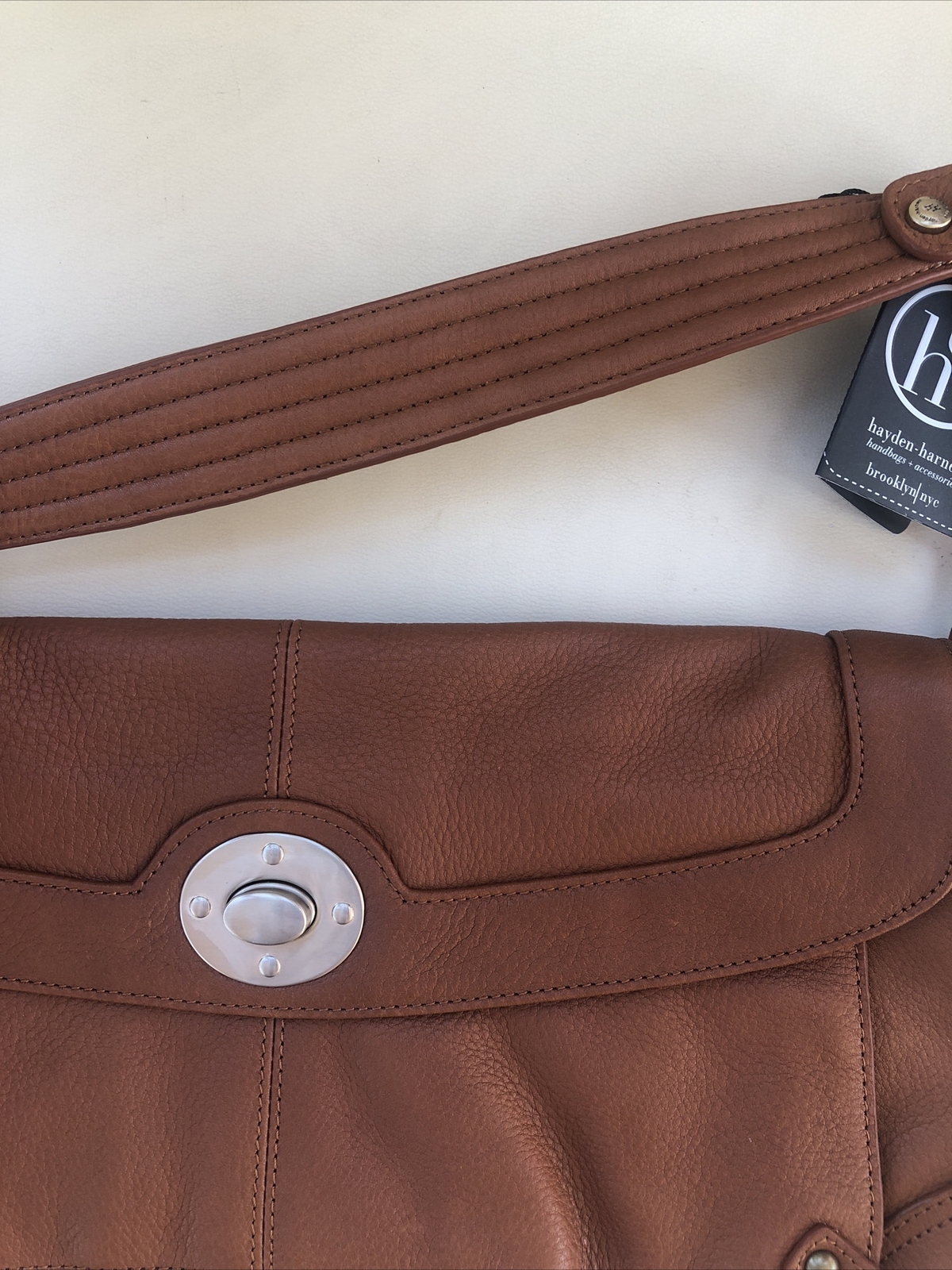 Hayden Harnett Lilly Brown Pebbled Leather Flap Purse Shoulder Bag Cognac