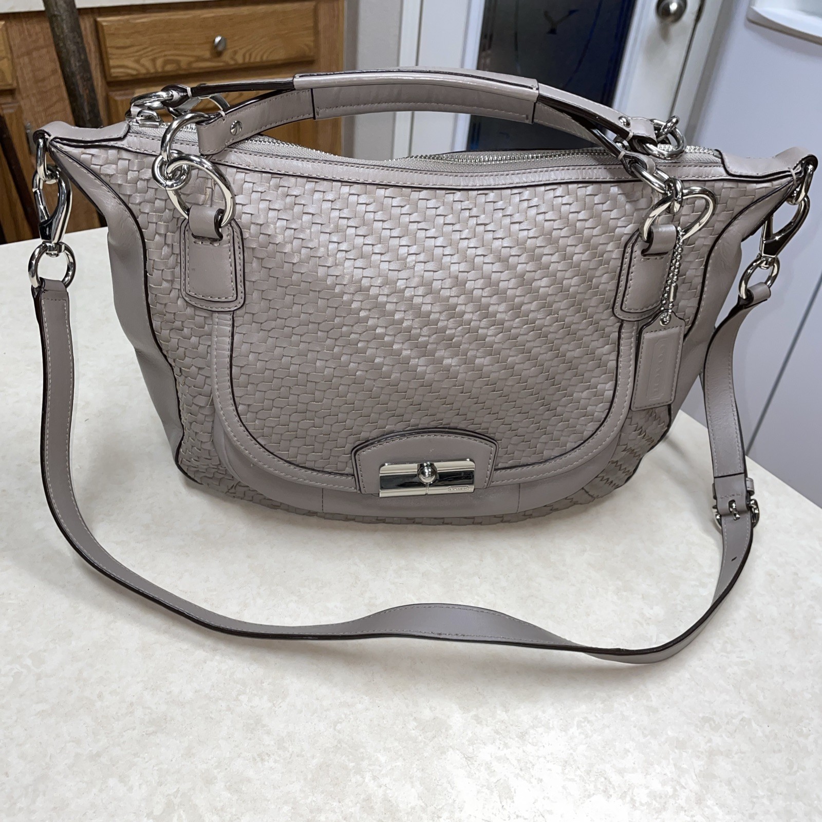 Coach Kristin Woven Leather Bag 2 Way Crossbody Satchel M1120-19314 Taupe READ