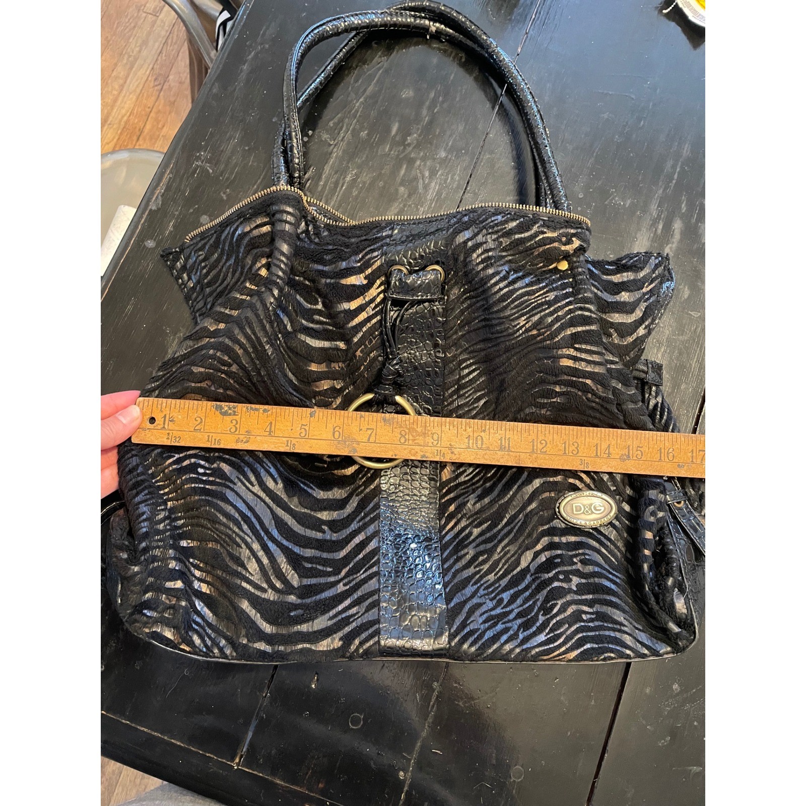D&G Dolce & Gabbana Zebra Print Faux Fur Croc Embossed Patent Shoulder Bag Black