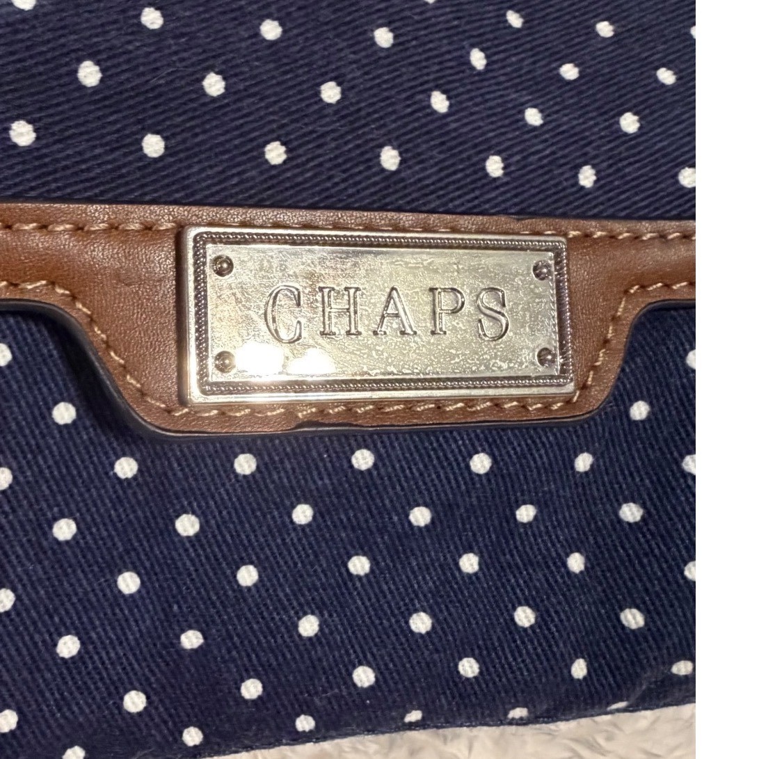Chaps Navy Blue Polka Dot Crossbody Bag Brown Trim Canvas Small Messenger Purse