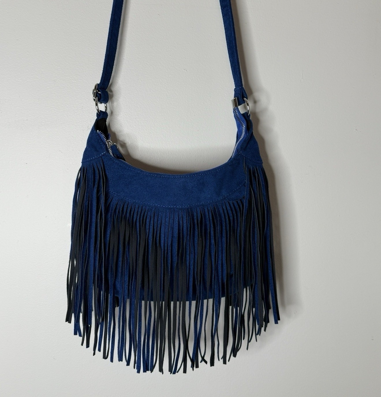 Blue Faux Suede Fringe Hobo Shoulder Bag Boho Western Festival Crossbody Style
