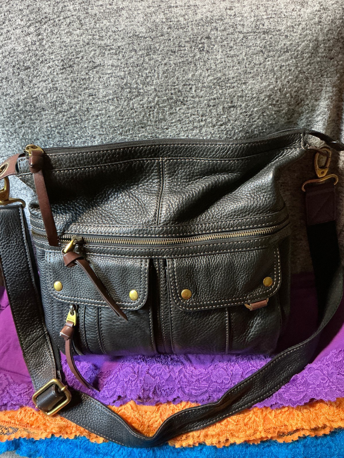 Fossil Morgan Black Pebble Grain Leather Zip Messenger Shoulder Bag Crossbody