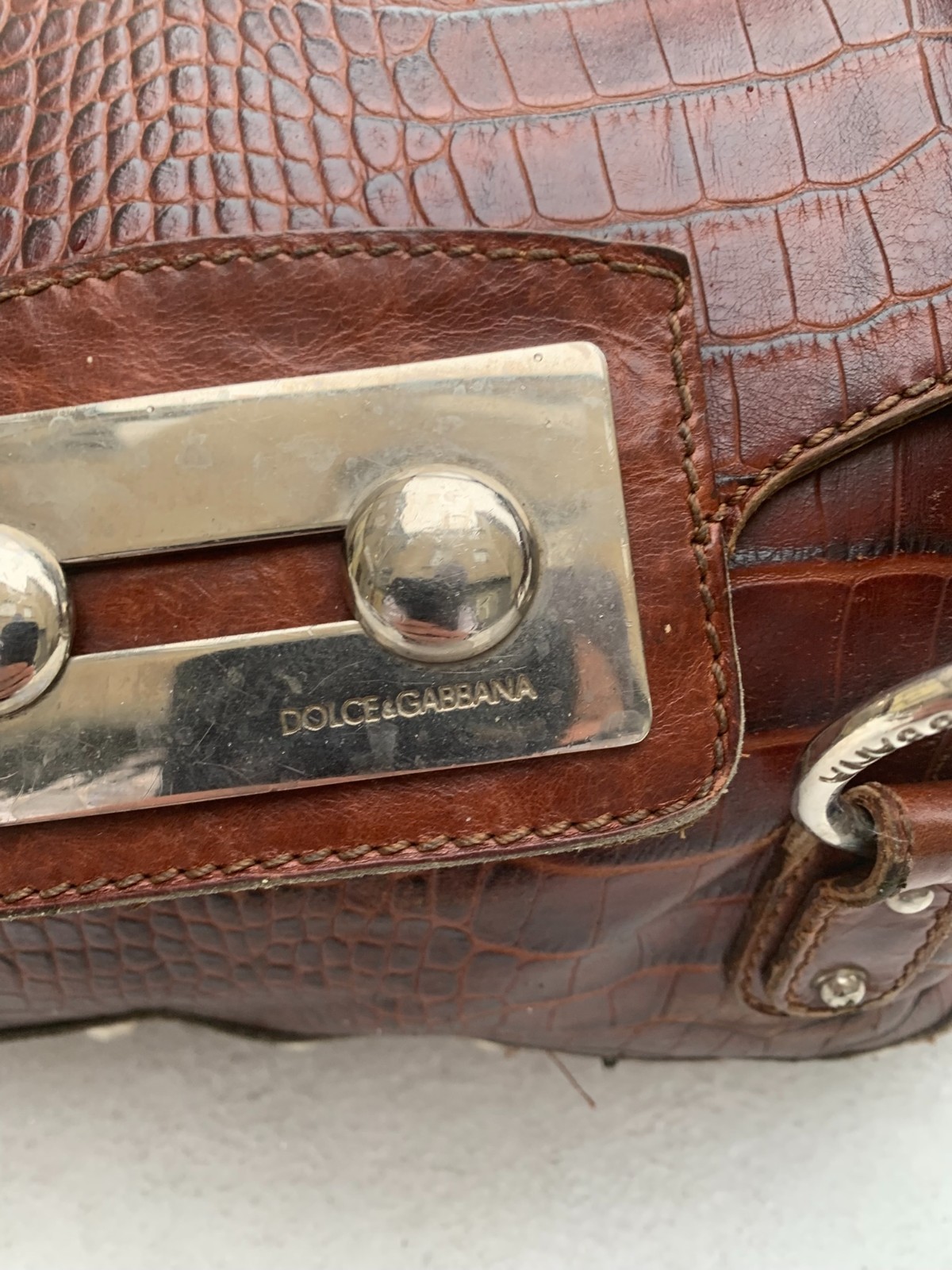 Vintage Dolce & Gabbana Brown Croc Leather Satchel Bag Studded AS IS Repair