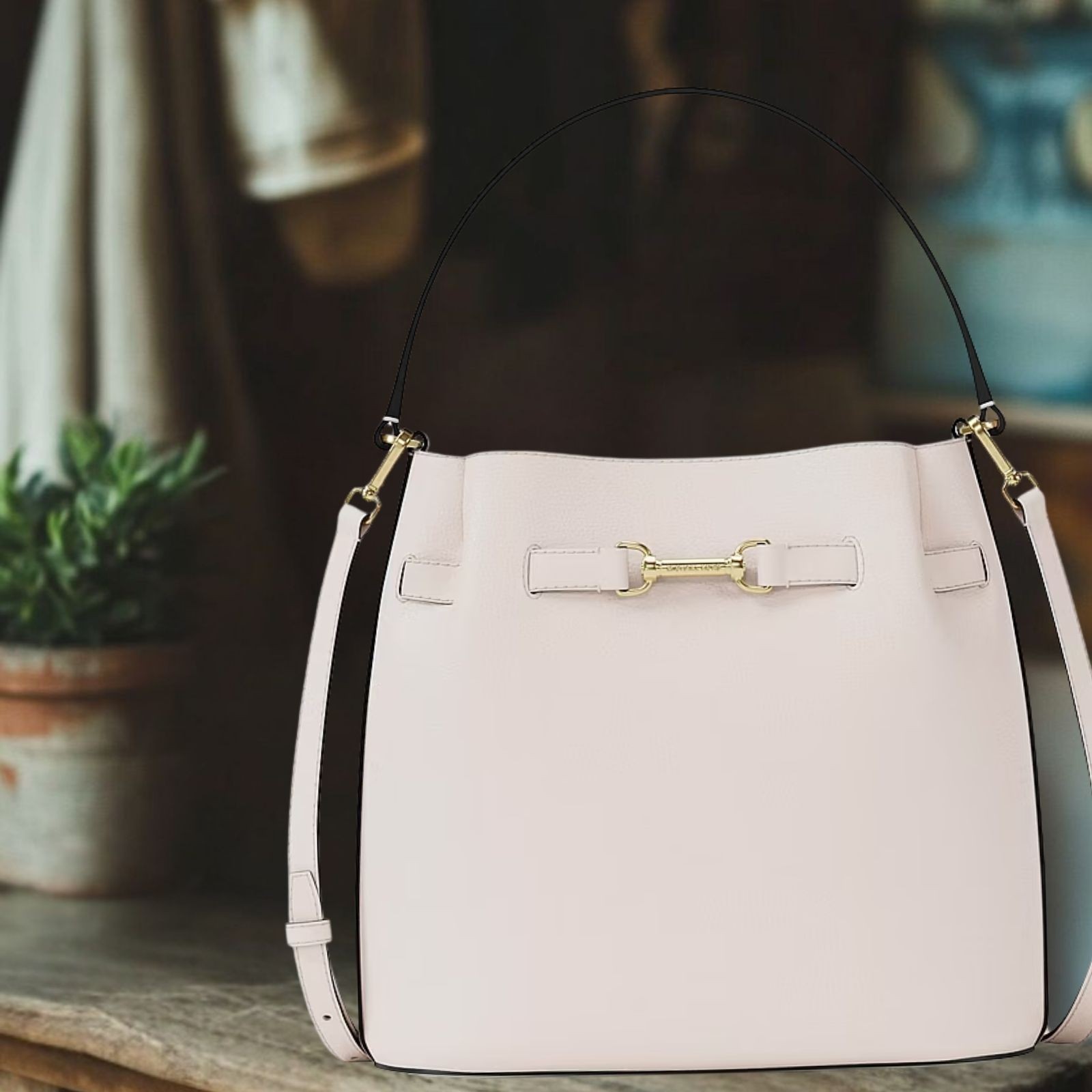 Michael Kors Carson Medium Leather Convertible Bucket Crossbody Bag Light Cream