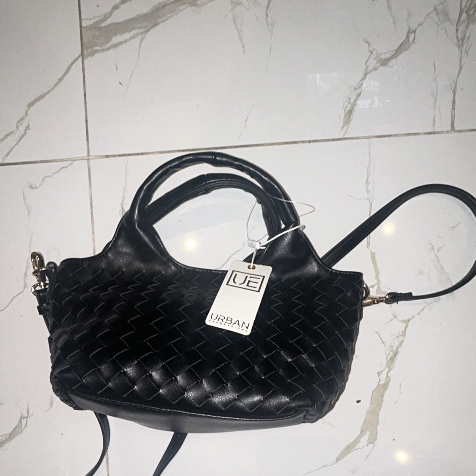 Urban Expressions Black Woven Satchel Top Handle Bag, Zip, Gold HW, Strap