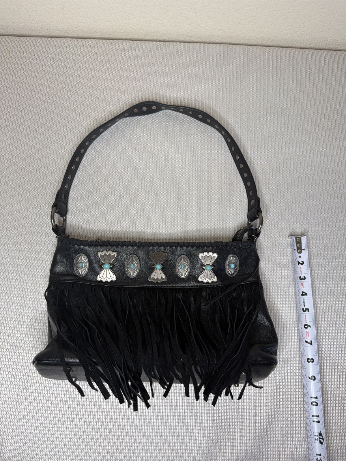 Shyanne Black Leather CCW Concealed Carry Fringe Purse Western Turquoise Concho
