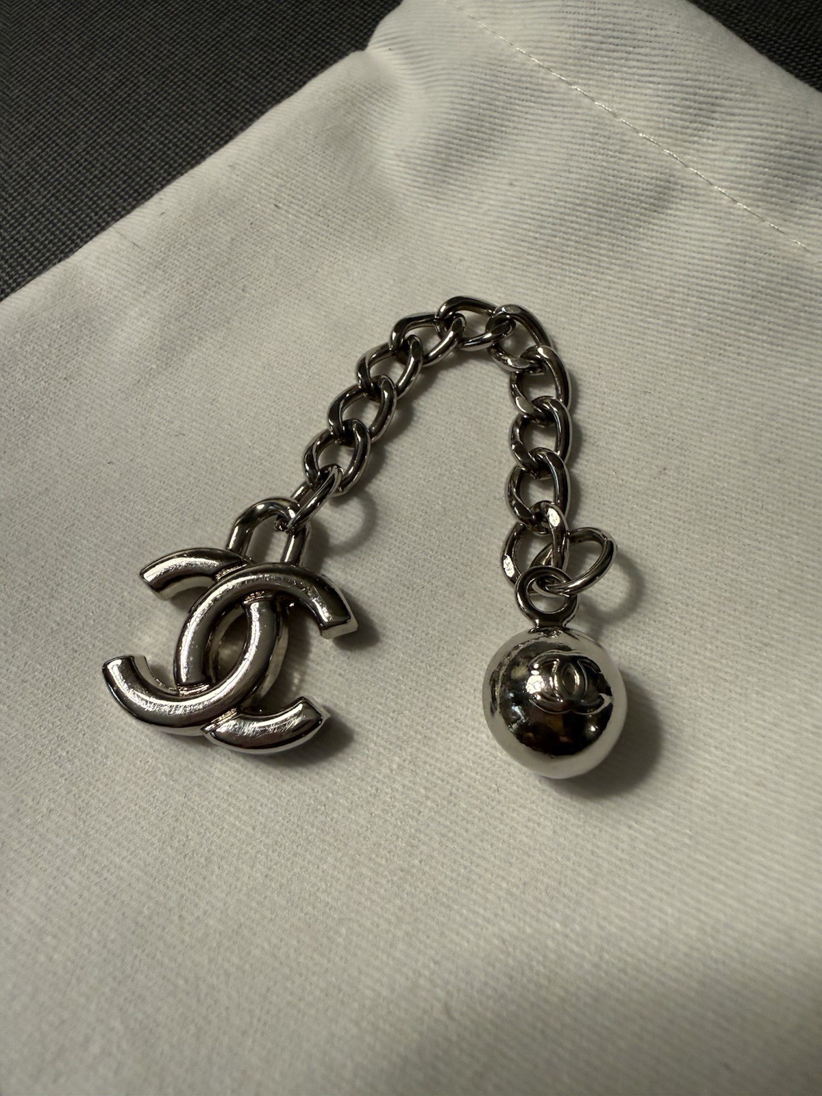 CHANEL CC Logo Silver-Tone Chain Bag Charm Keychain, Detachable Dangle