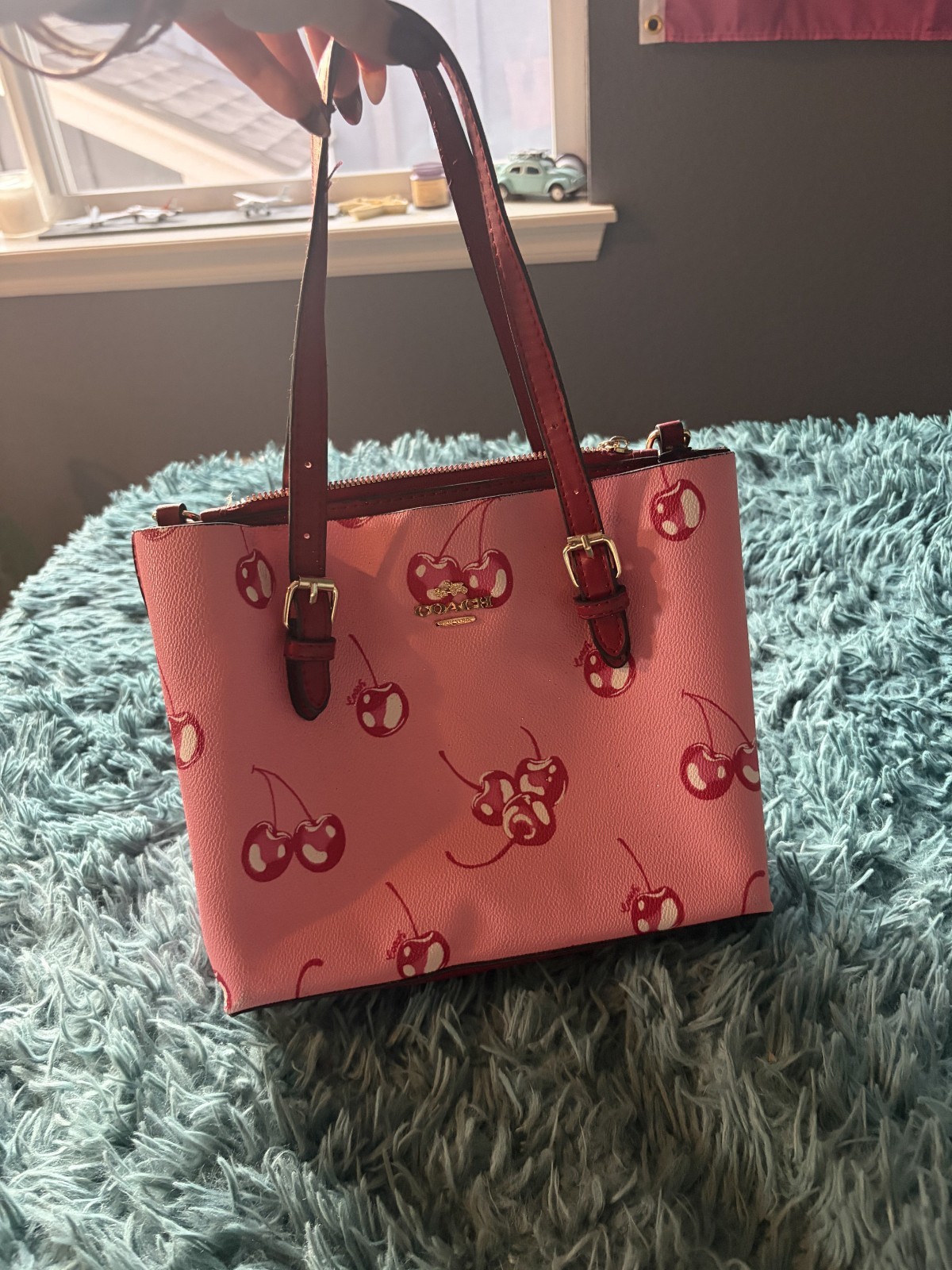 Coach Cherry Pink Tote with red cherry print #coach #whimsical #coquette