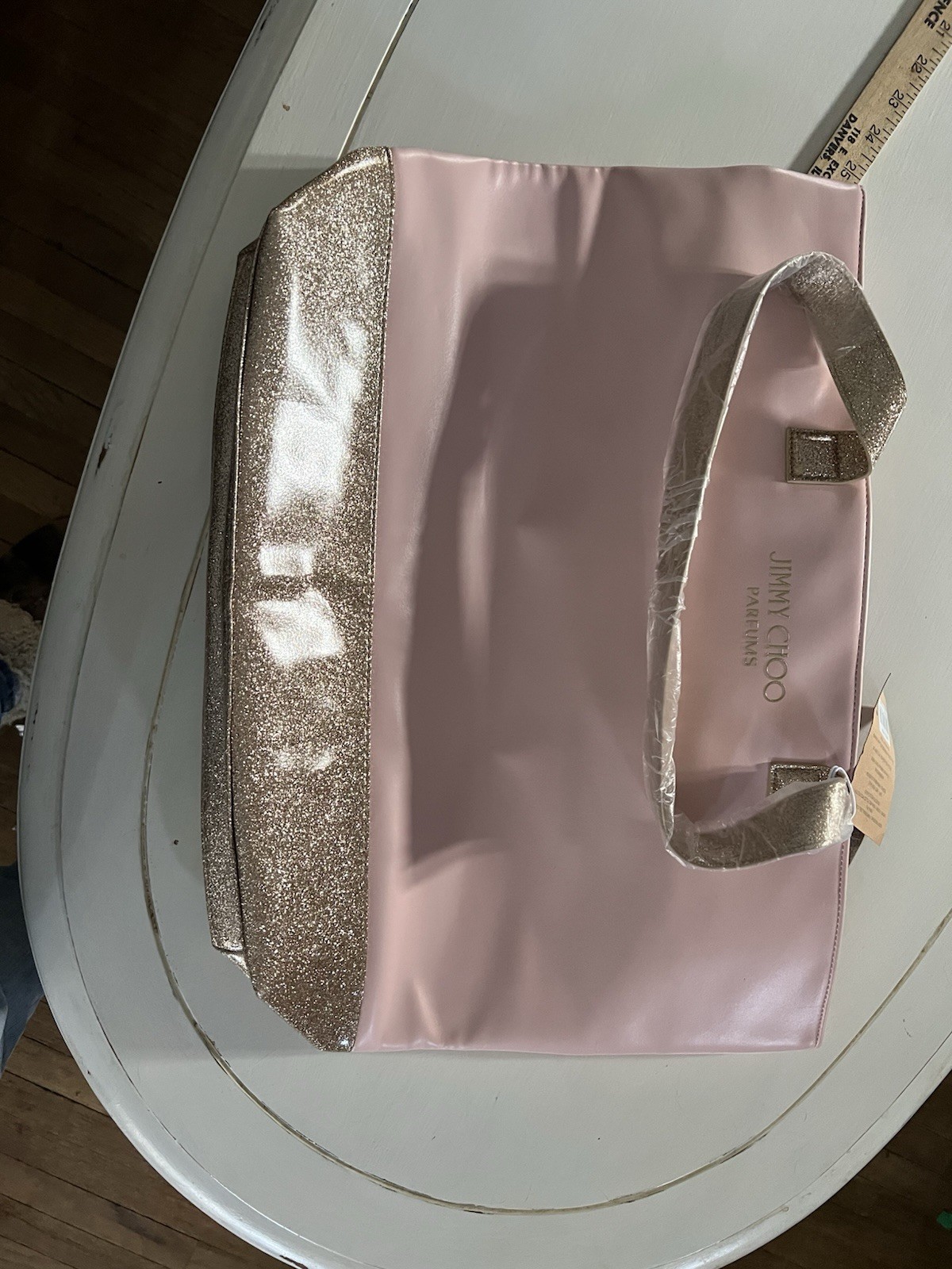 JIMMY CHOO PARFUMS WOMENS LARGE TOTE BAG LIGHT PINK AND GLITTER BOTTOM NWT