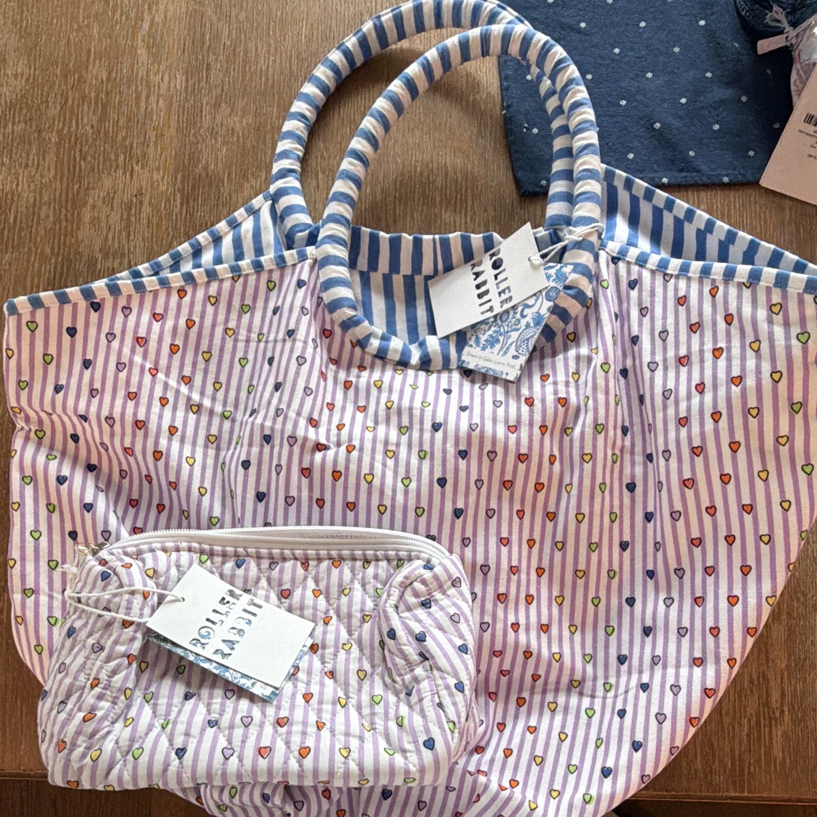 Roller Rabbit Disco Hearts Striped Quilted Zip Tote w/ Pouch, Inner Pockets