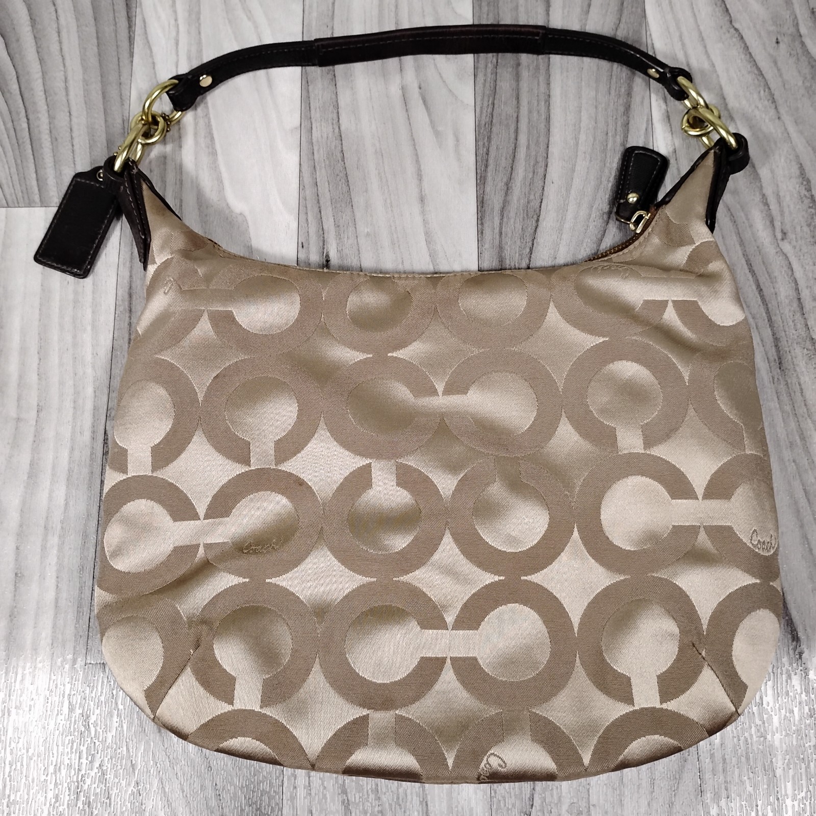 Coach Kristin Op Art Sateen Hobo Bag 19331 Khaki Mahogany Signature Shoulder