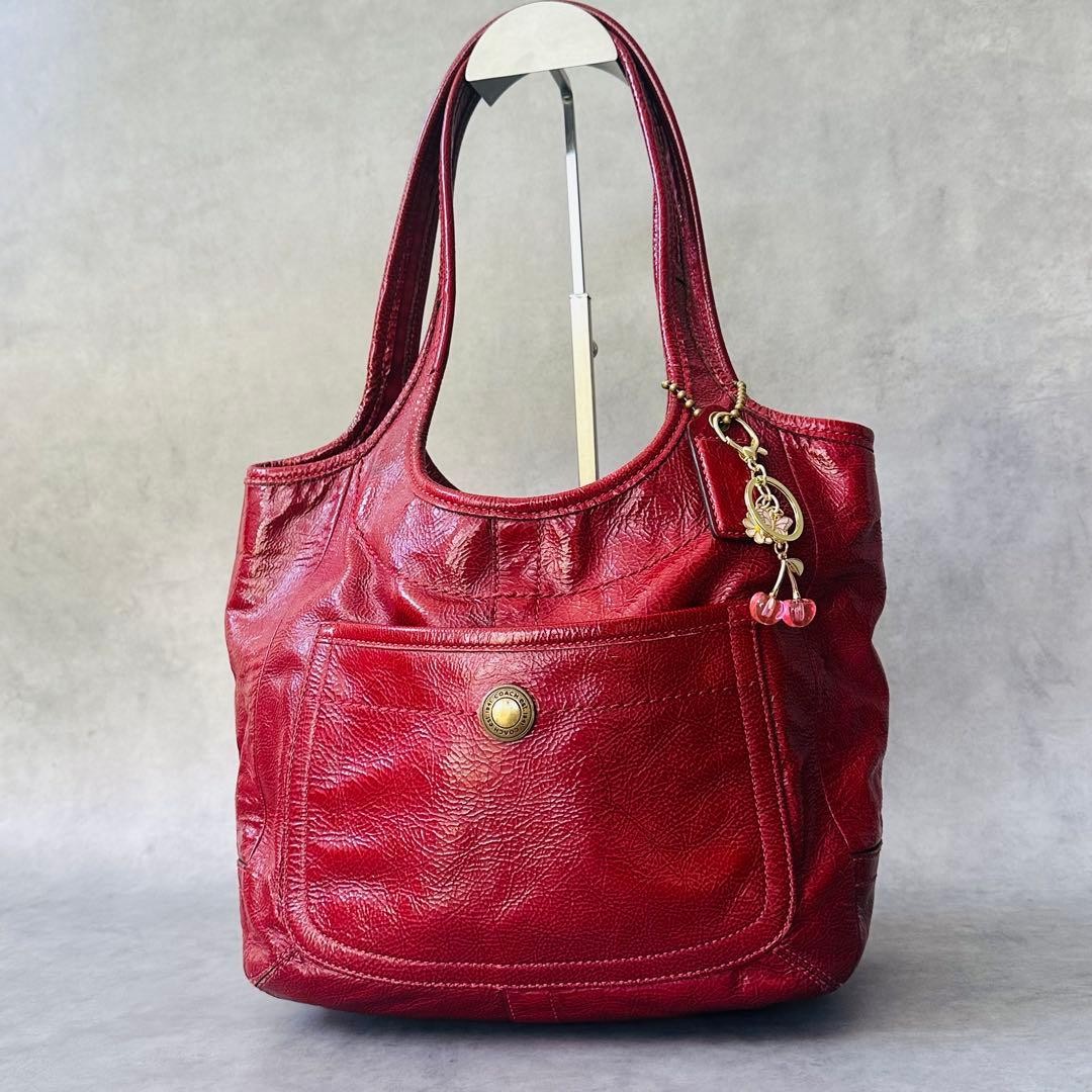 COACH Legacy Ergo Patent Leather Shoulder Bag Red 22x33x15cm Used