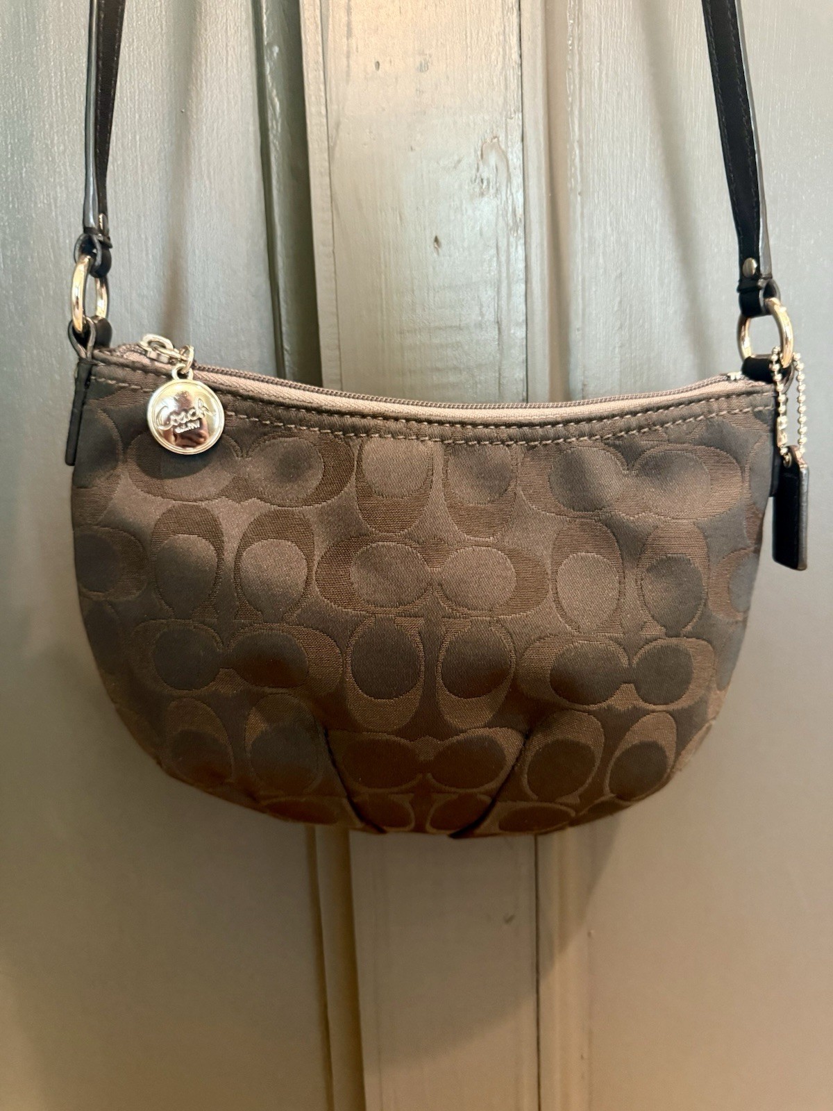 Coach Signature Brown Small Crescent Shoulder Bag Silver Hardware Bag Charm