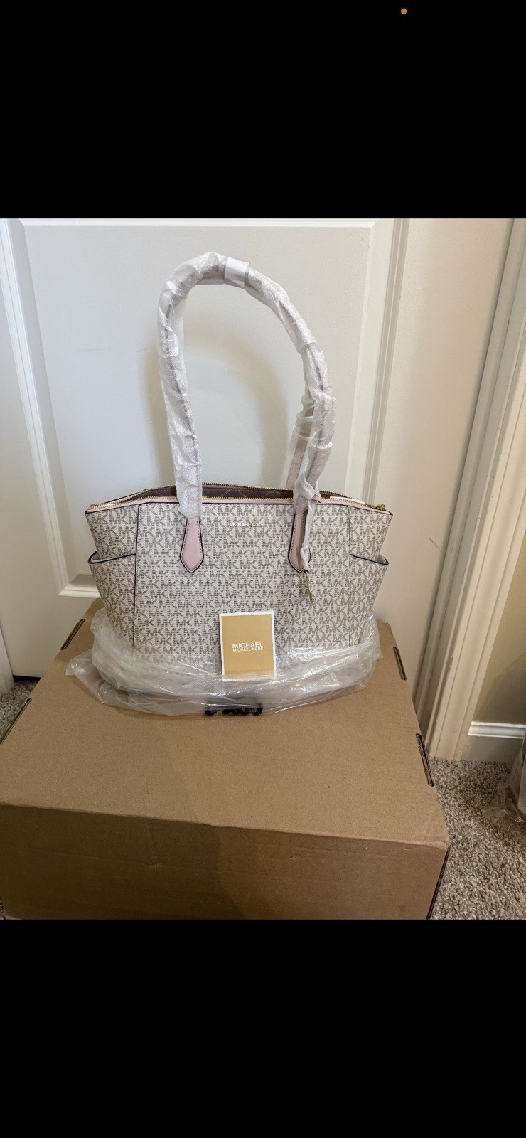 Michael Kors MK Monogram Signature Logo Tote Beige Zip Double Handles Gold Charm