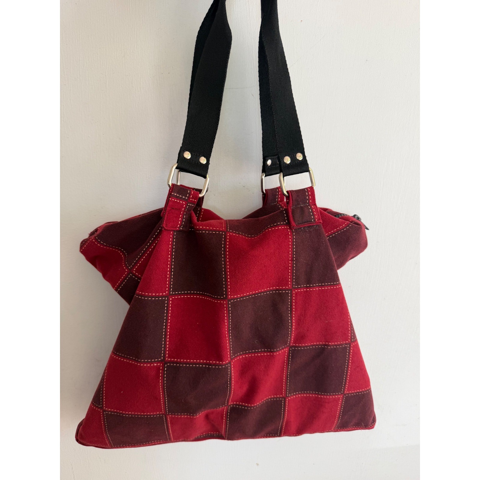 Burgundy Patchwork Tote Bag Faux Suede Plaid Shoulder Bag Fall Boho Purse