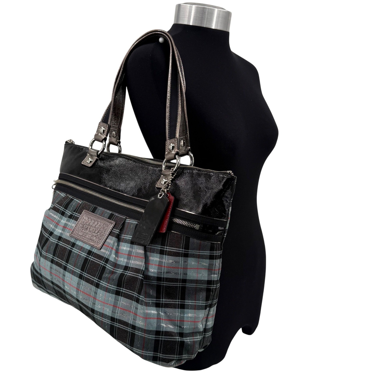 Coach Poppy Tartan Plaid Glam Tote Bag Metallic Patent Leather Limited Edition