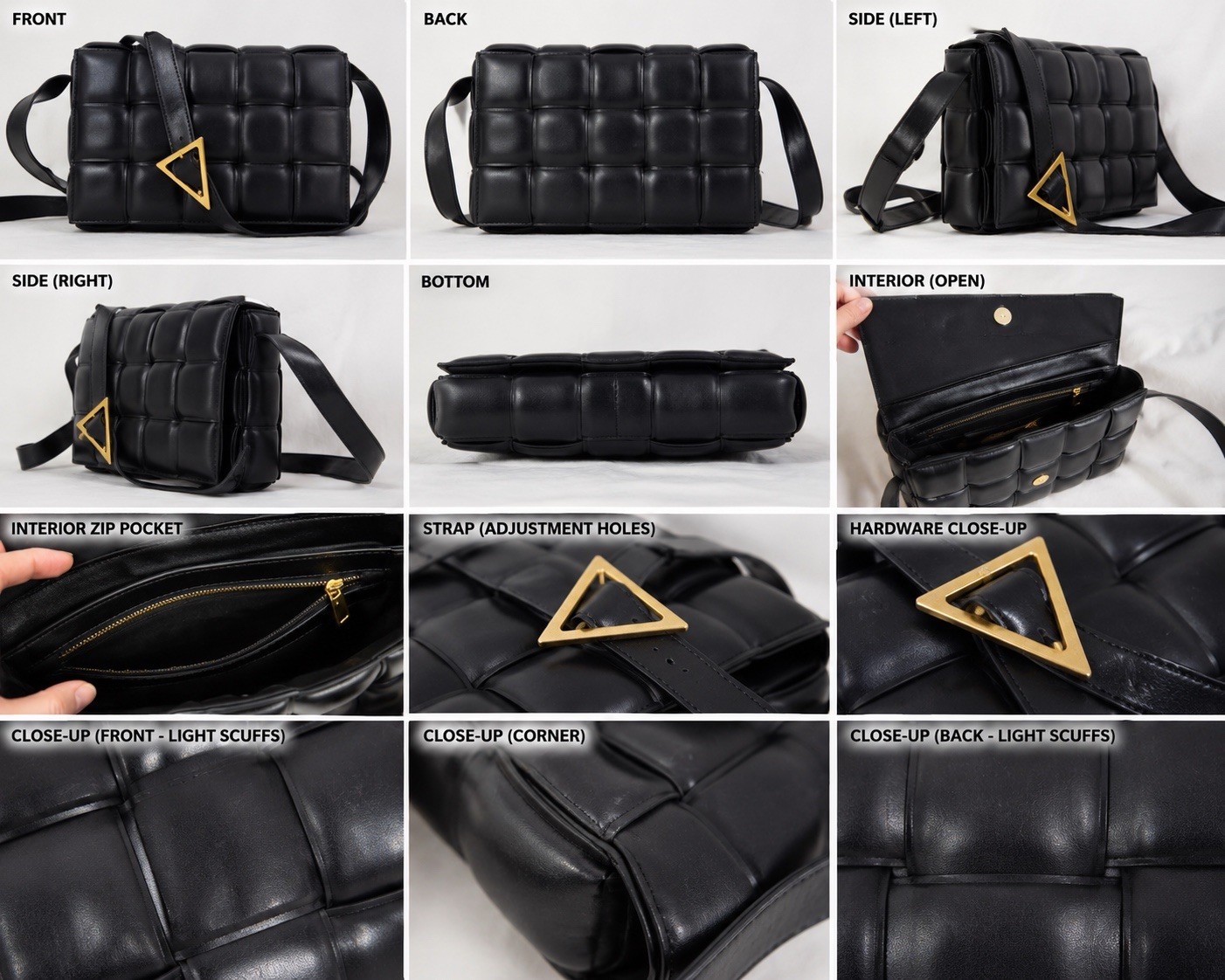 Black Woven Crossbody Bag Gold Triangle Buckle Faux Leather Shoulder Purse