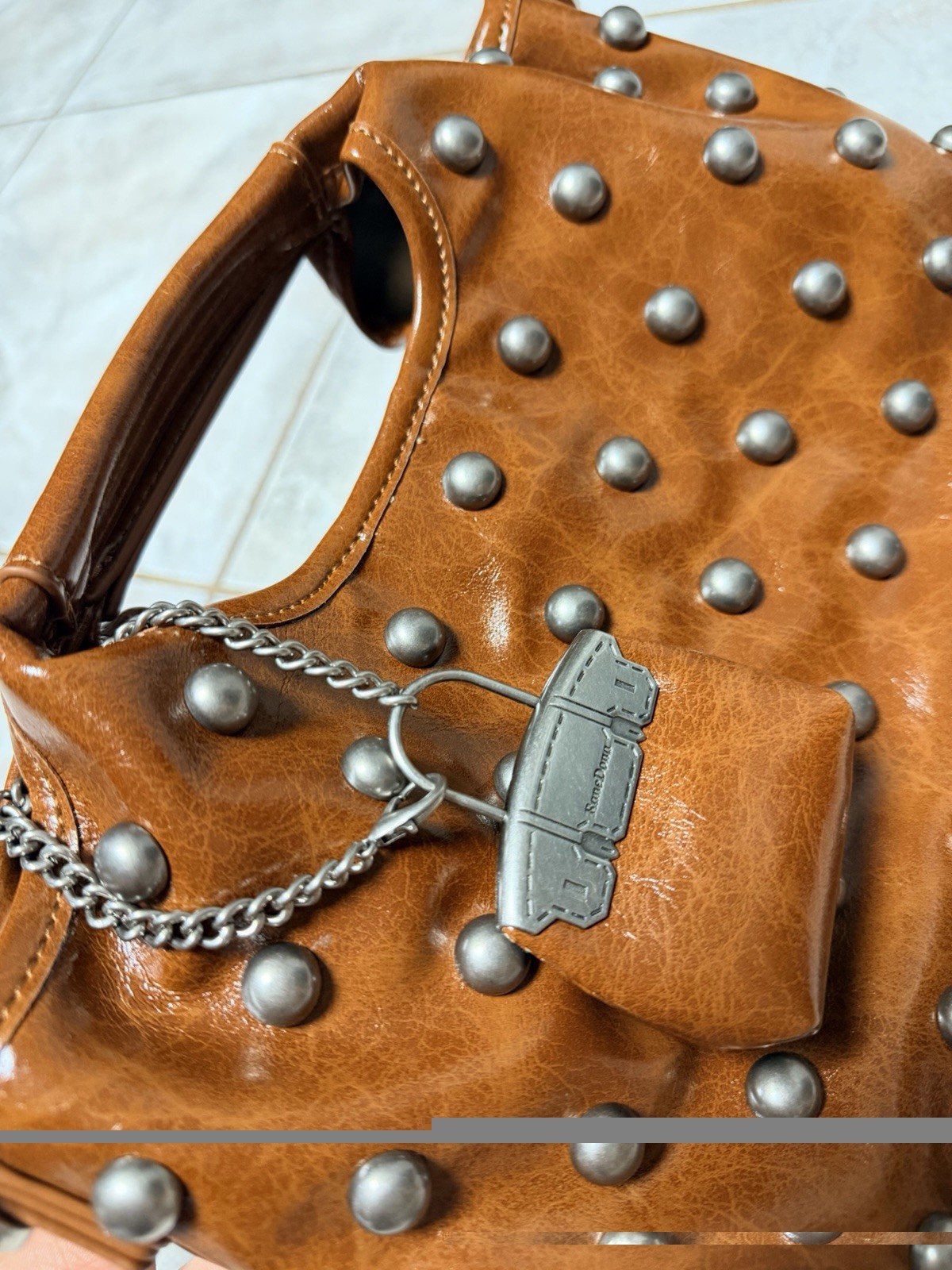 Brown Cowhide Leather Studded Satchel Top Handle Chain Silver Zip Magnetic Pouch