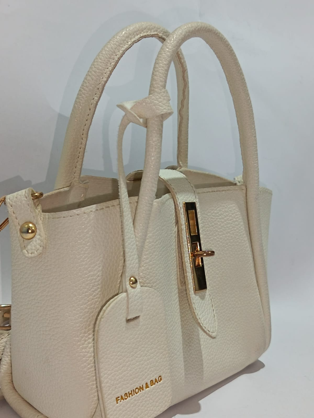 Women Cream Pebbled Leather Satchel Handbag Gold Lock Tote Shoulder Crossbody