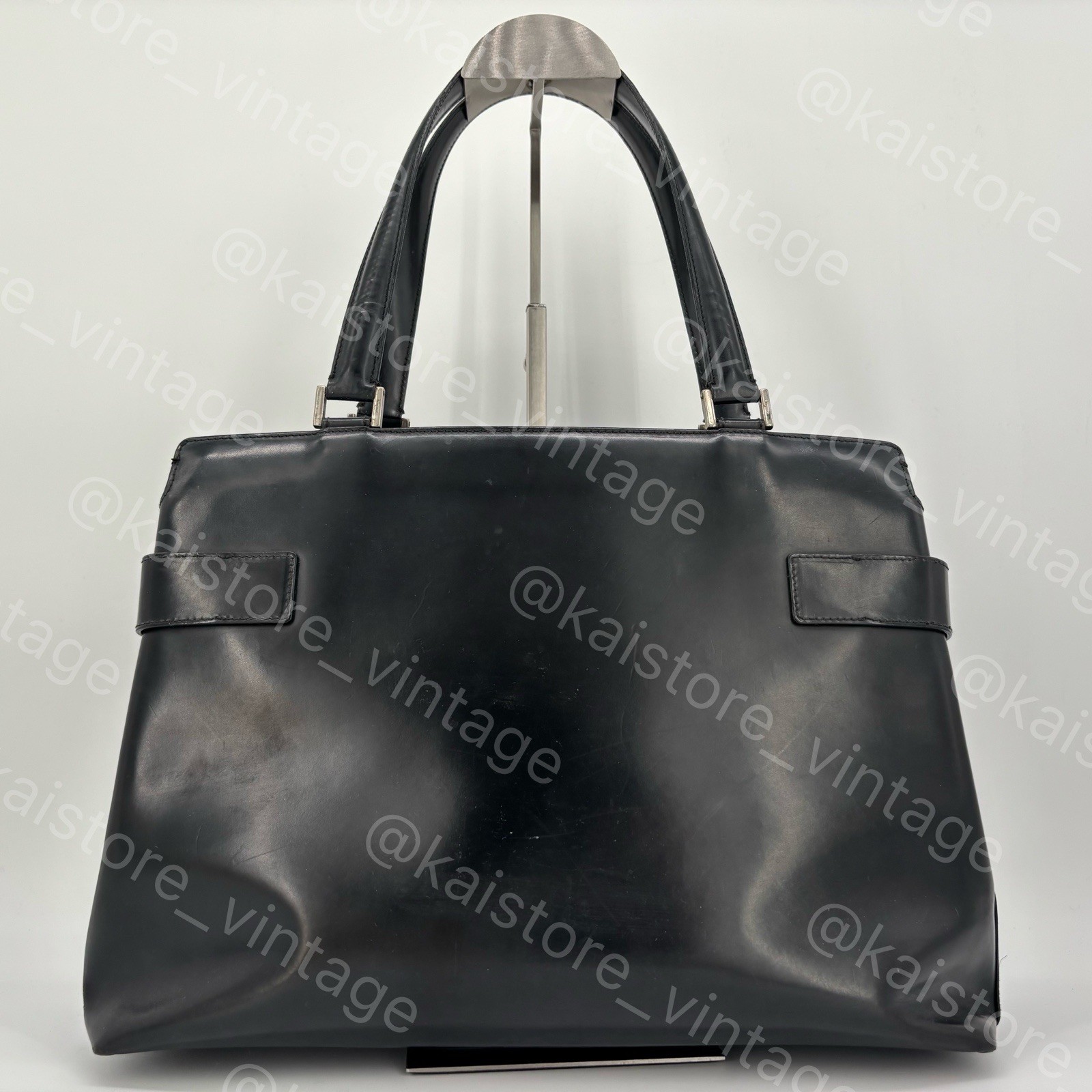 Ferragamo Gancini Black Leather Tote Handbag Silver Hardware Worn No Strap Japan