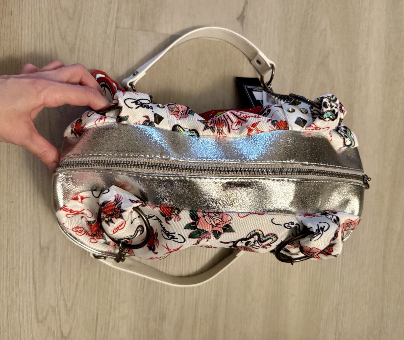 Ed Hardy Studded Rhinestone Hearts Hobo Satchel Shoulder Bag~Roses~Charms~NWT