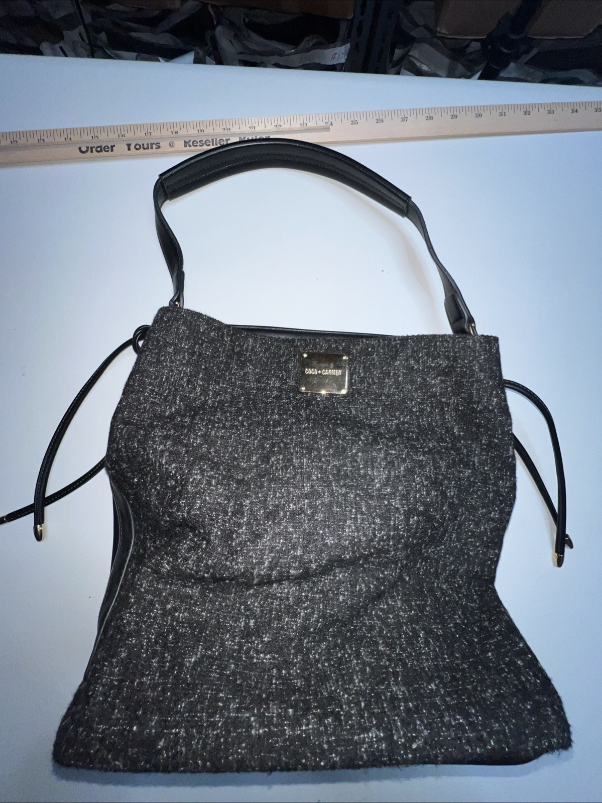 Coco + Carmen Tote Bag Purse Black Gray Faux Leather Handle, Gold Hardware