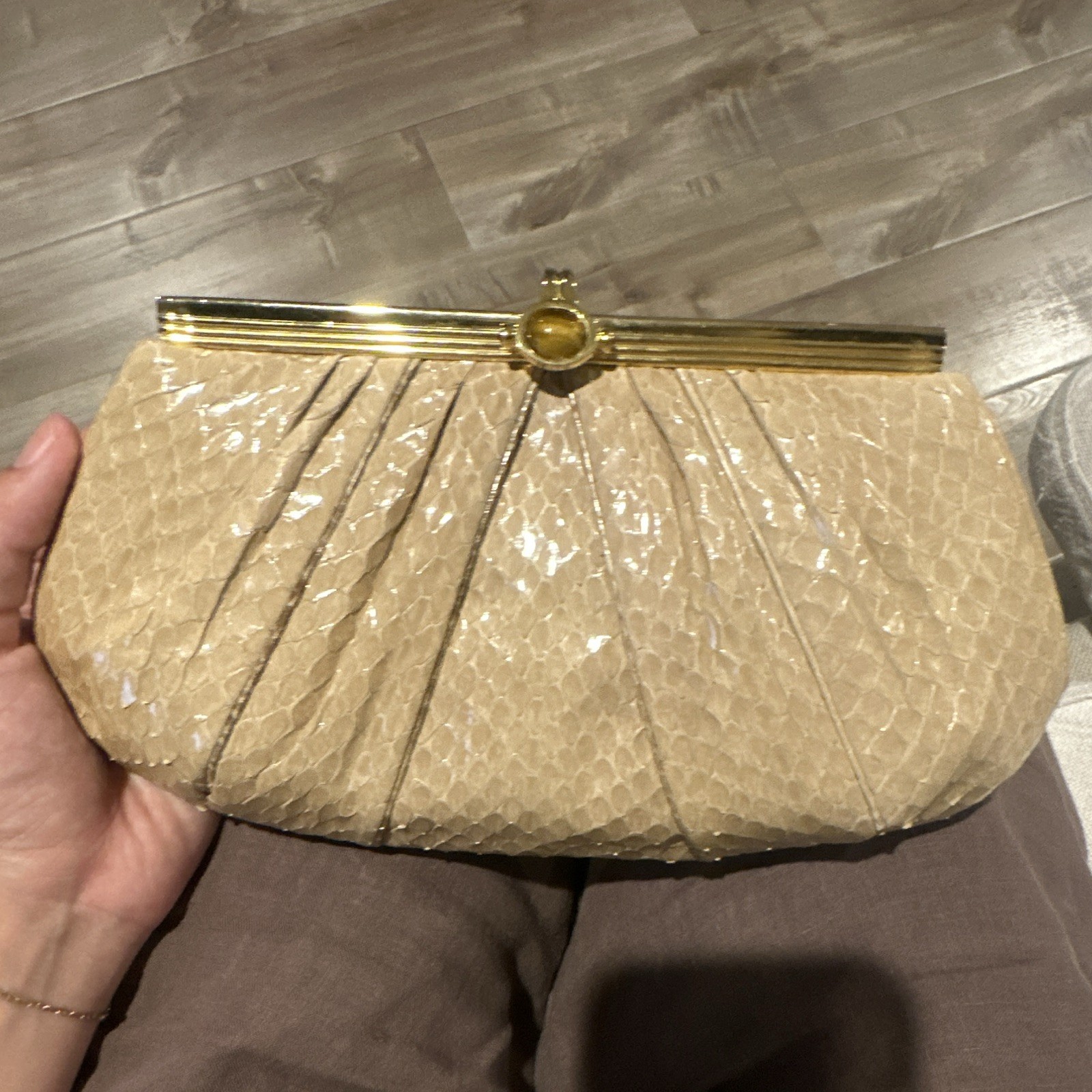 vintage 1980s Judith Leiber pleated snakeskin/lizard evening clutch