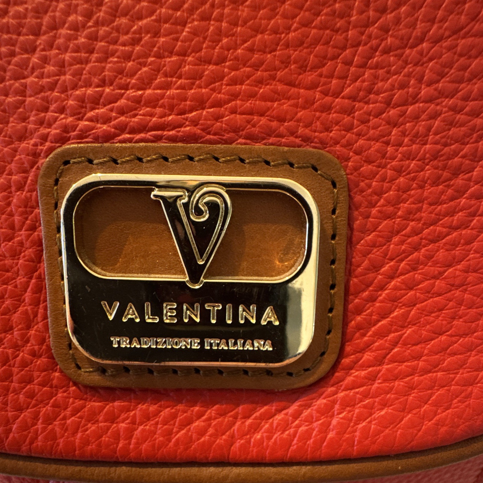 Valentina Medium Red Pebbled Drawstring Backpack Brown Straps Gold Hardware