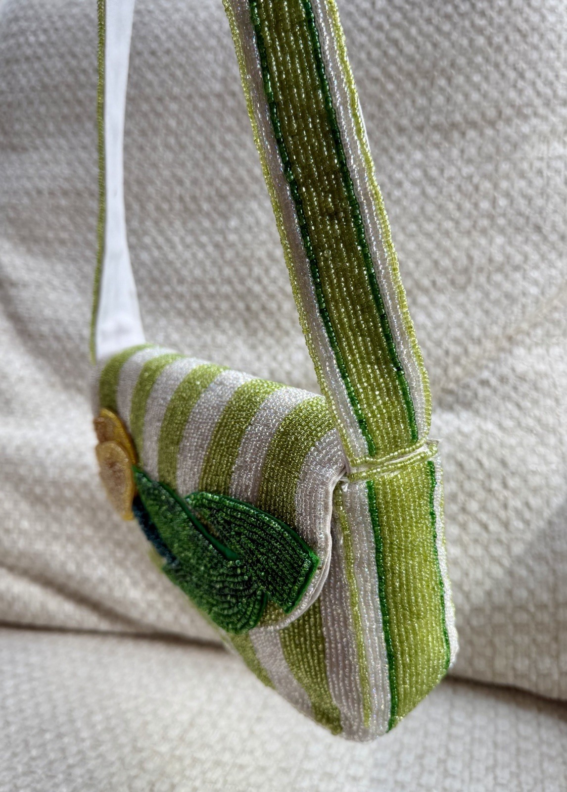 Handmade In India Beaded Yellow Tulip Green & White Striped Shoulder Bag NWT
