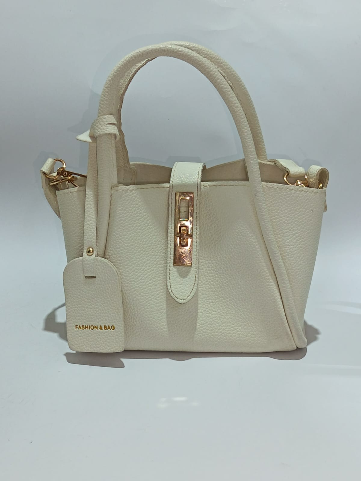 Women Cream Pebbled Leather Satchel Handbag Gold Lock Tote Shoulder Crossbody