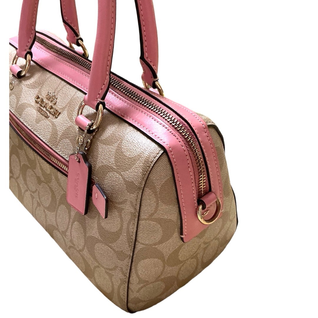 Coach Signature Canvas Boston Bag Pink Leather Trim Crossbody 83607