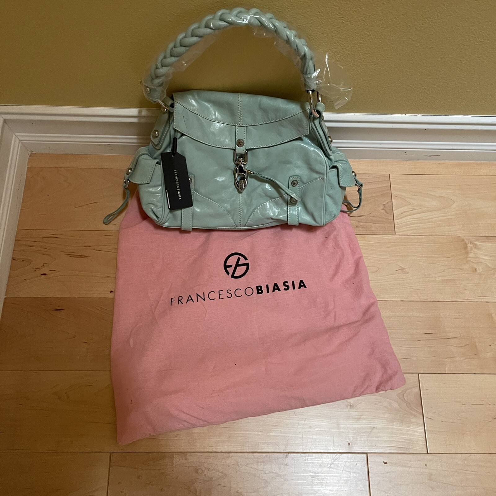 Francesco Biasia Shoulder Handbag Jade Green Silver Purse Authentic A50607 New
