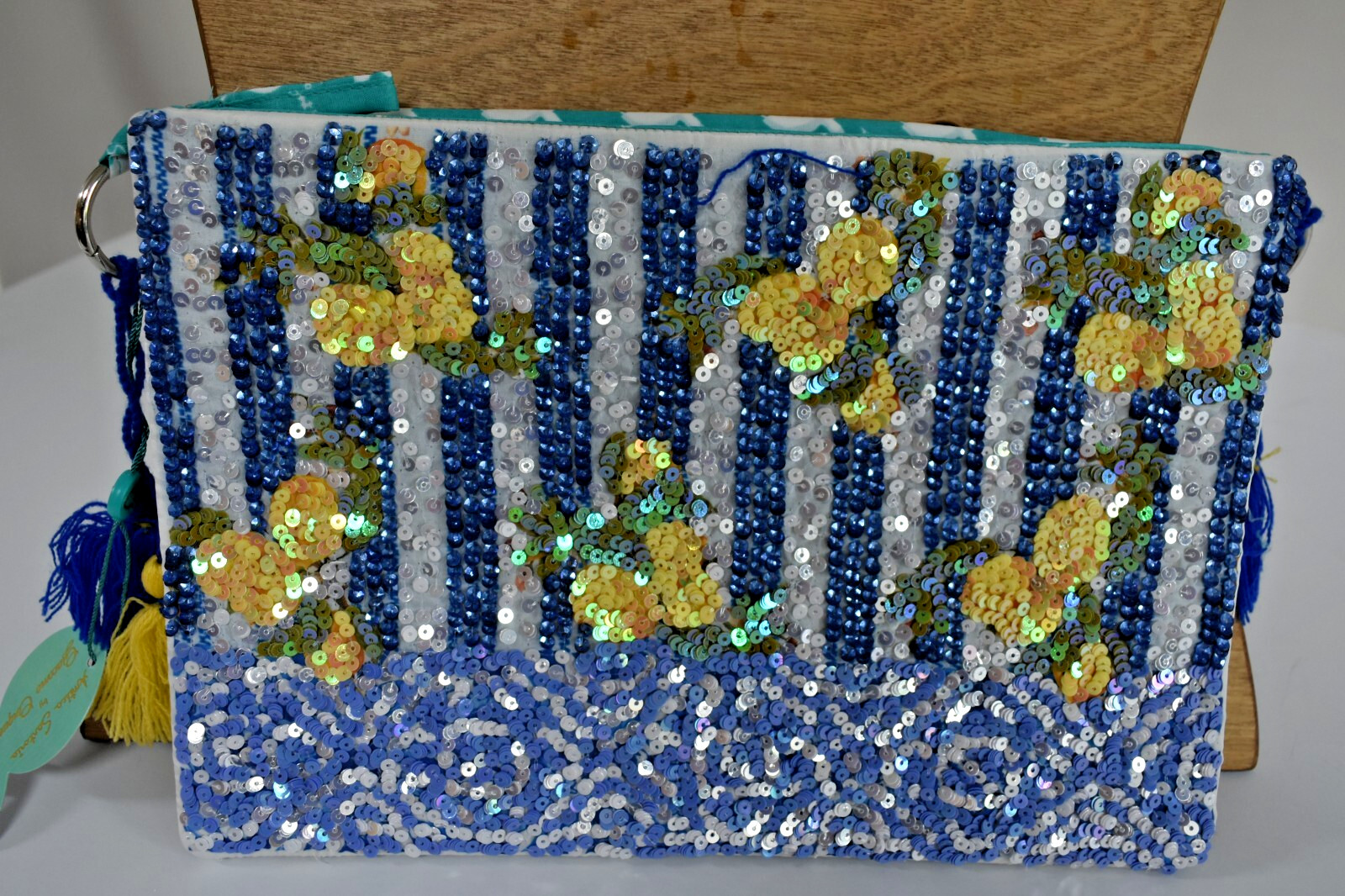 ANTICA SARTORIA 2025 BLUE & WHITE STRIPES WITH LEMONS SEQUINS PURSE NWT