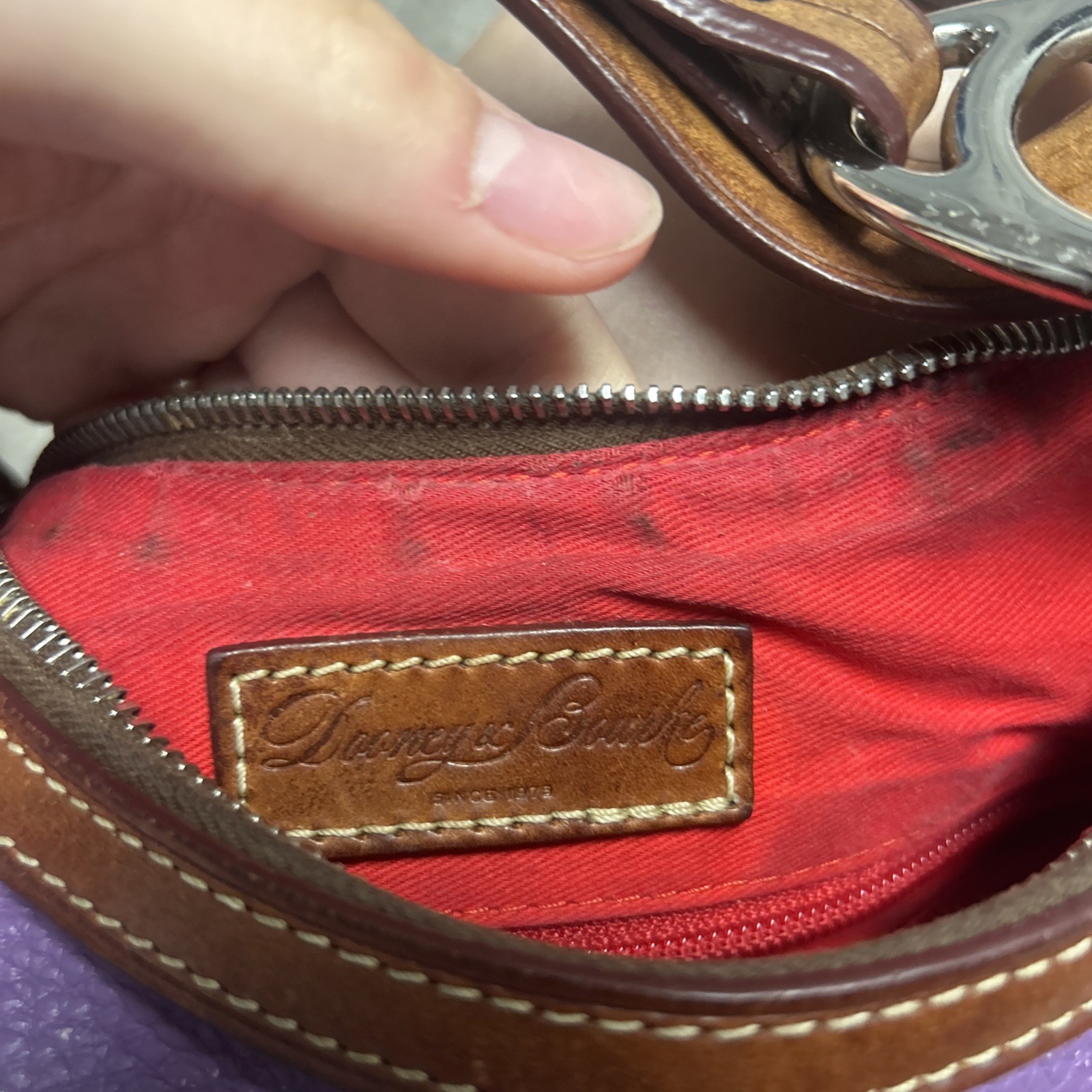 Dooney & Bourke Pebbled Leather Shoulder Bag Purple Brown Stitching Logo Zip