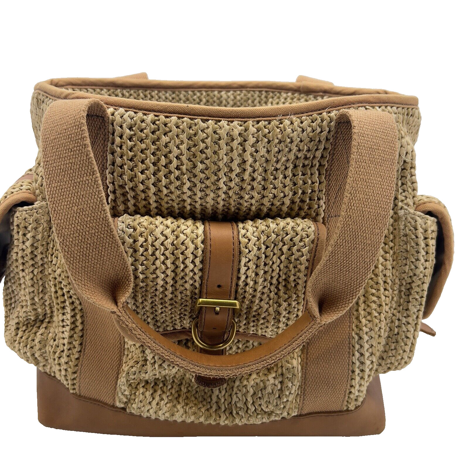 Fossil Handbag Large Weekend Raffia Natural Tote Bag Tan Leather Trim