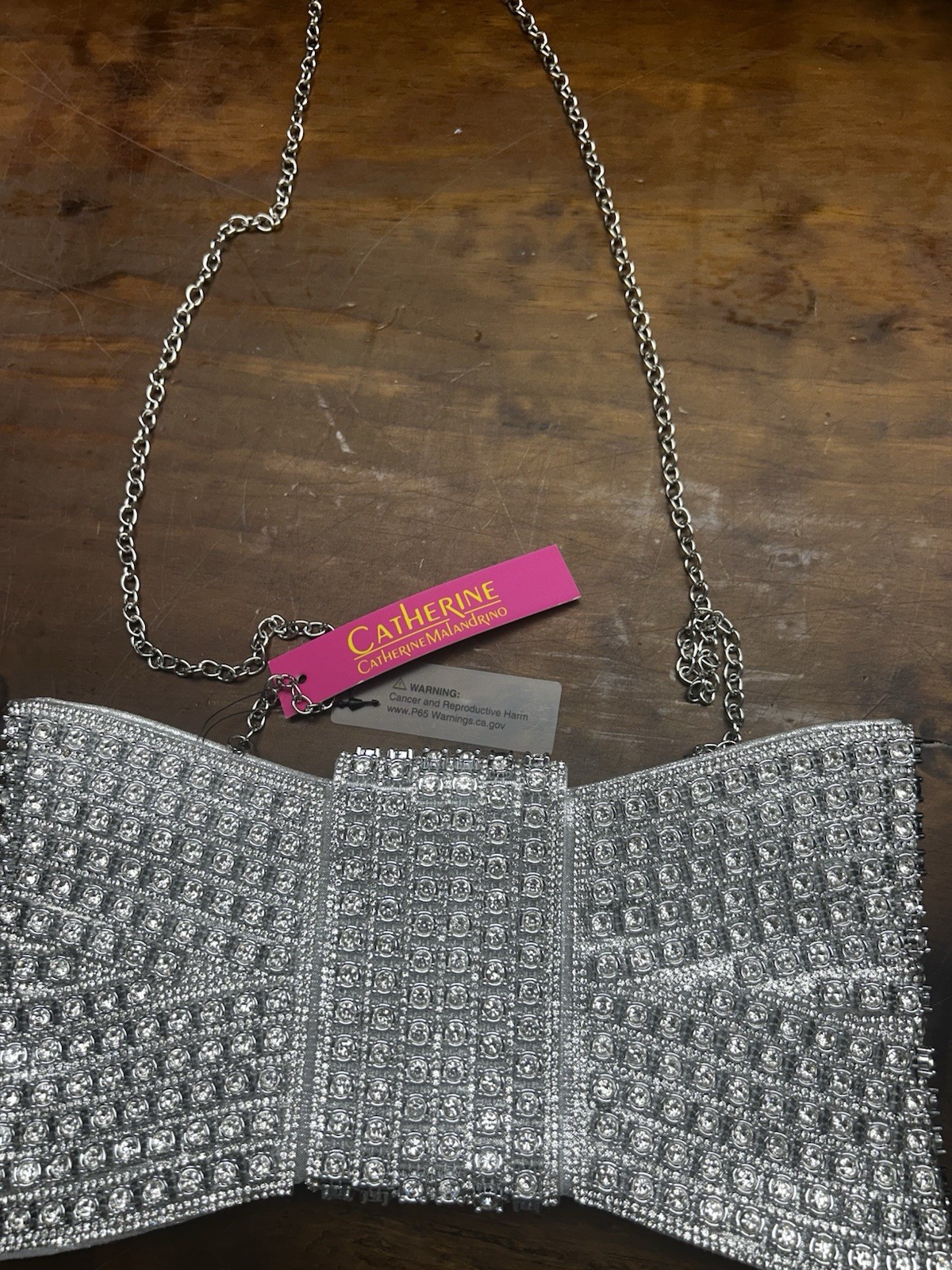 Catherine Malandrino Silver Rhinestone Bow Clutch Zip Closure Chain Strap