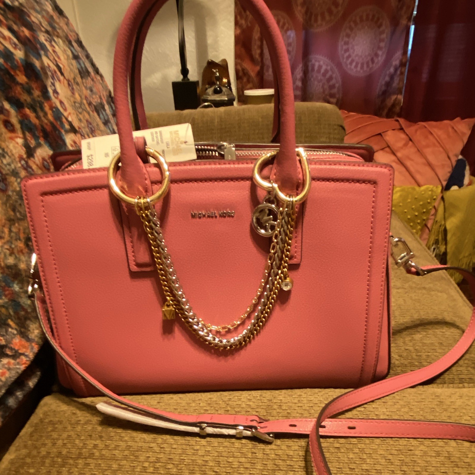 Michael Kors Pink Satchel Top Handle Bag Zip Closure w/ Detachable Strap Charm