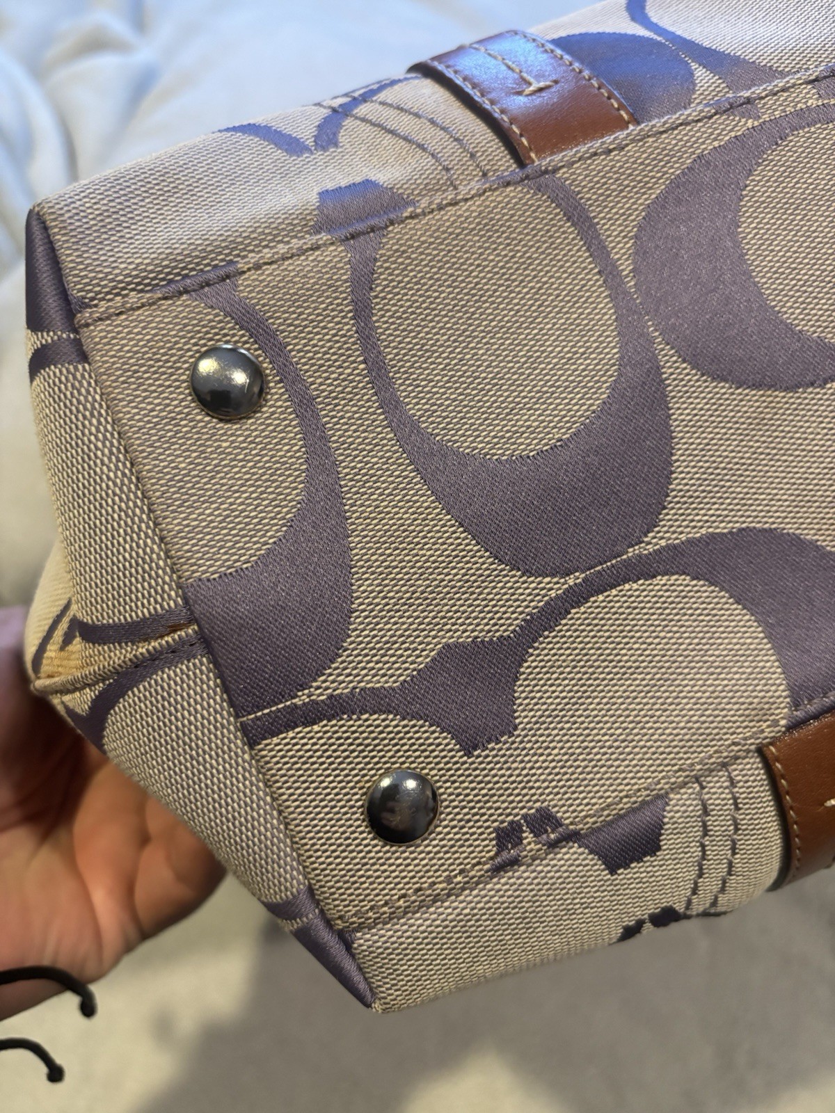 Coach Beige Purple Brown Tote Shoulder Strap Zip Logo Stitching Silver