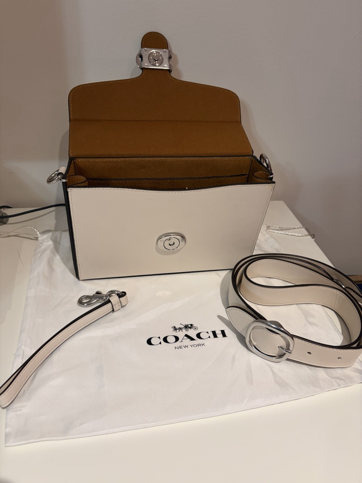 Coach Tabby Box Bag in Cream with Silver hardware, cross body and wrist strap.